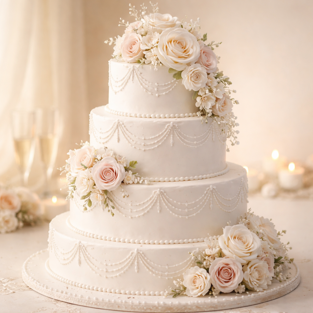 Klasyczny tort weselny biały z dekoracjami