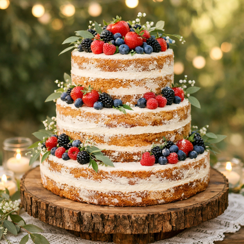 Tort rustykalny z kwiatami i owocami