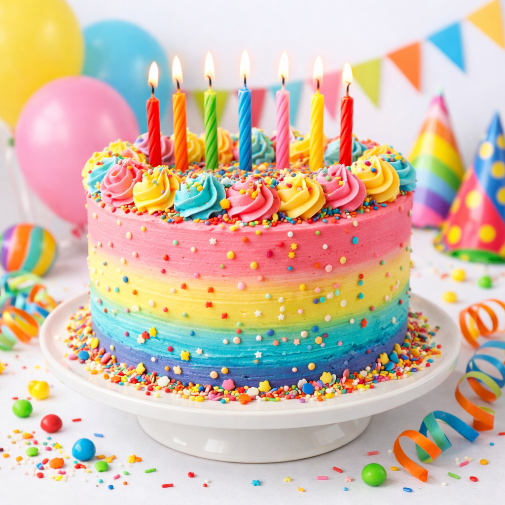 Kolorowy tort urodzinowy z dekoracjami