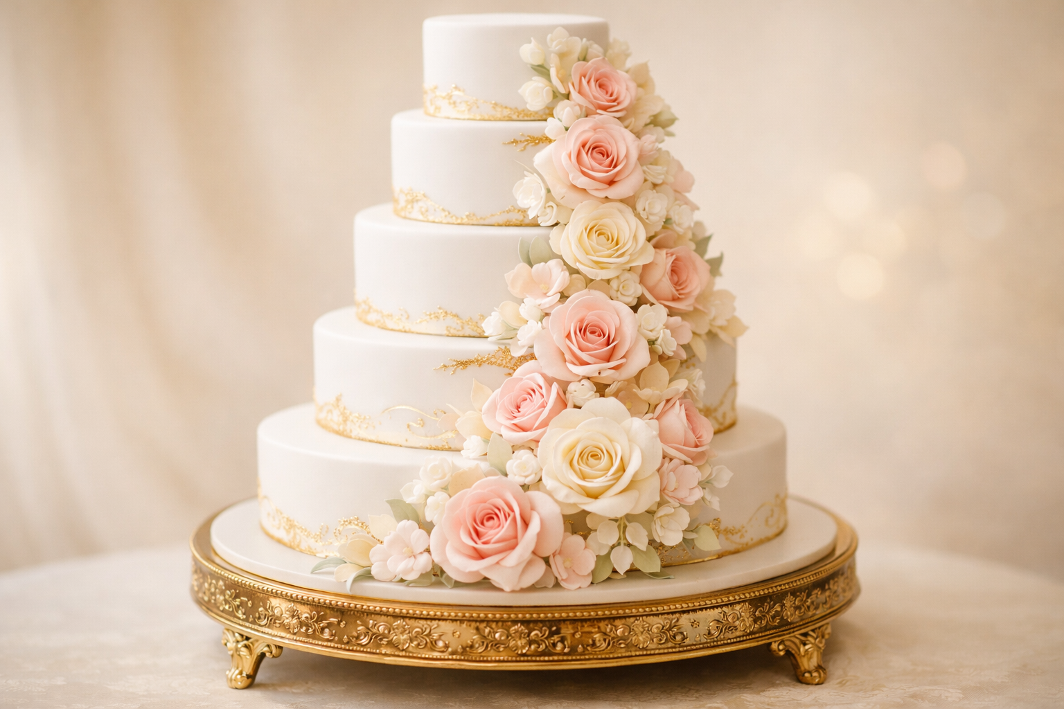 Elegancki tort weselny ozdobiony kwiatami